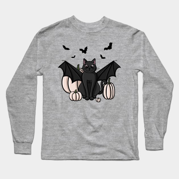 Cute Black Cat in a Bat Costume With White Pumpkins Long Sleeve T-Shirt by AlmightyClaire